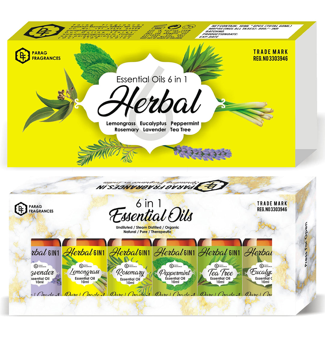 Parag Fragrances Herbal 6IN1 Essential Set of Peppermint, Tea Tree, Eucalyptus, Lemongrass, Rosemary & Lavender