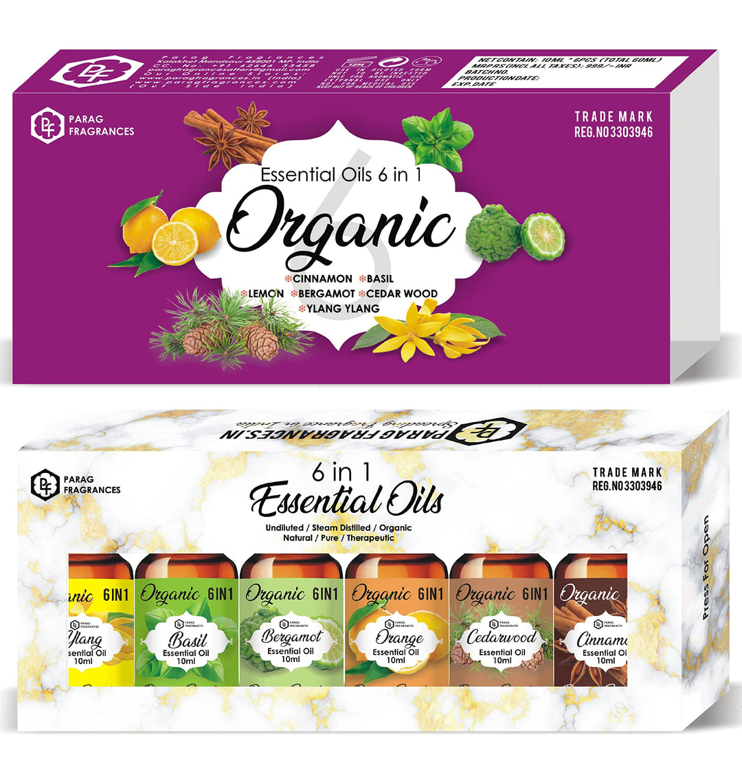 Parag Fragrances Organic 6in1 Essential Oils Set of (Basil, Bergamot, Orange, Cedarwood, Cinnamon & Ylang Ylang) Essential Oils
