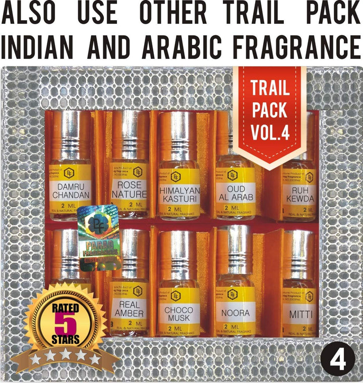 Parag Fragrances Top 10 Attars Trail Pack of Parag Sukhad, Sandalwood, Dehnal Oud, Mizyaan Gold, Kalabhoot, Marigold, Musk Rose, Mukhallat, Jannat Al Firdaus, Badar. Best Alcohol Free Attar