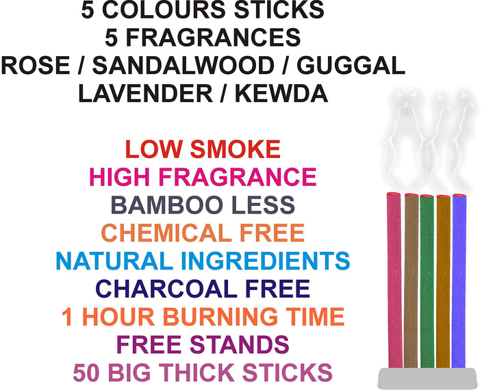 Parag Fragrances 5in 1 Natural Dhoop Sticks (Rose, Lavender, Sandalwood, Guggal & Kewda) 50 Long & Thick Sticks Pack Dhoop Sticks for Pooja & Home Fragrances