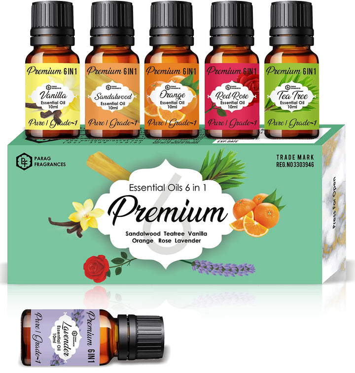 Parag Fragrances Premium 6IN1 Essential Set of Vanilla, Sandalwood, Orange, Red Rose, Tea Tree & Lavender