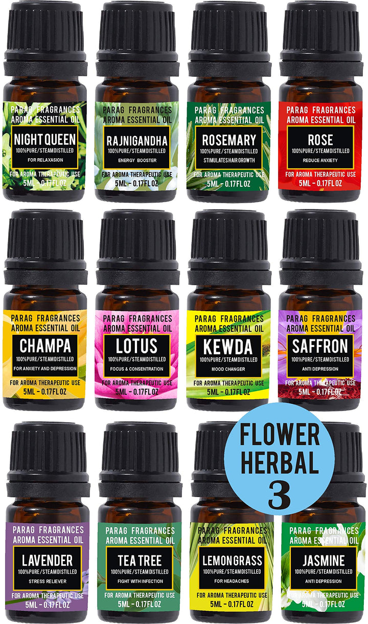 Parag Fragrances Flowers & Herbal Essential Oils 12 in 1 Pack of Lemongrass, Teatree, Lavender, Lotus, Saffron, Rajnigandha, Rosemary, Champa, Kewda, Night Queen, Jasmine & Rose