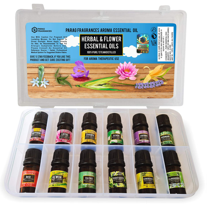 Parag Fragrances Flowers & Herbal Essential Oils 12 in 1 Pack of Lemongrass, Teatree, Lavender, Lotus, Saffron, Rajnigandha, Rosemary, Champa, Kewda, Night Queen, Jasmine & Rose