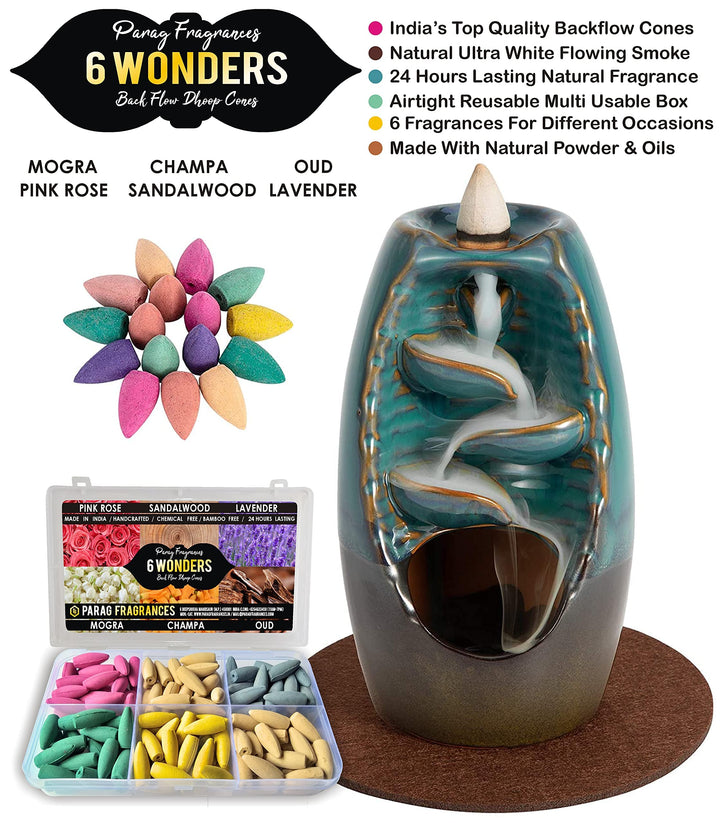 Parag fragrances 6 Wonders Back Flow Incense Cones (Rose, Sandalwood, Lavender, Mogra, Champa & Oud) For Smoke Fountain/Extra Fragrant Backflow Dhoop Cones Natural Oil
