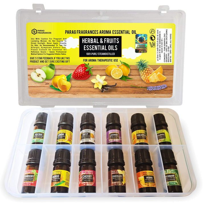 Parag Fragrances F&F (Flowers & Fruits) Essential Oils 12 in 1 Pack of Strawberry, Mango, Orange, Green Apple, Pineapple, Cherry, Rose, Mogra, Lavender, Champa, Rajnigandha & Lotus