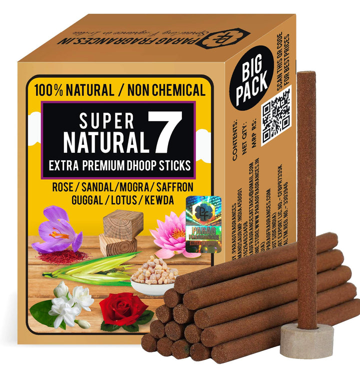 Parag Fragrances Natural 7 in 1 (Gugal,Sandal,Rose,Saffron,Mogra,Lotus,Kewda) Dhoop Sticks 250 Gram/Chemical & Bamboo Free Natural Dhoop Batti/Dhoop Sticks for Prayer & Home Fragrance