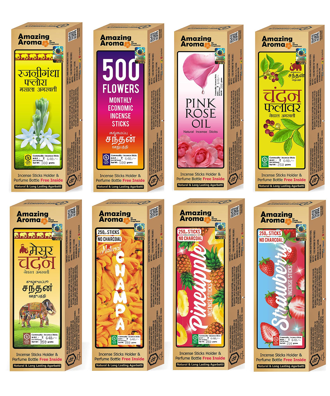Parag Fragrances 5 in 1 Natural (आधा किलो) (Pack of 5 x 100gm) Incense Sticks/Agarbatti (Sandalwood, Rose, Mogra, Night Queen & Orchid) Incense Sticks for Worship & Fragrance/Wholesale Monthly Pack