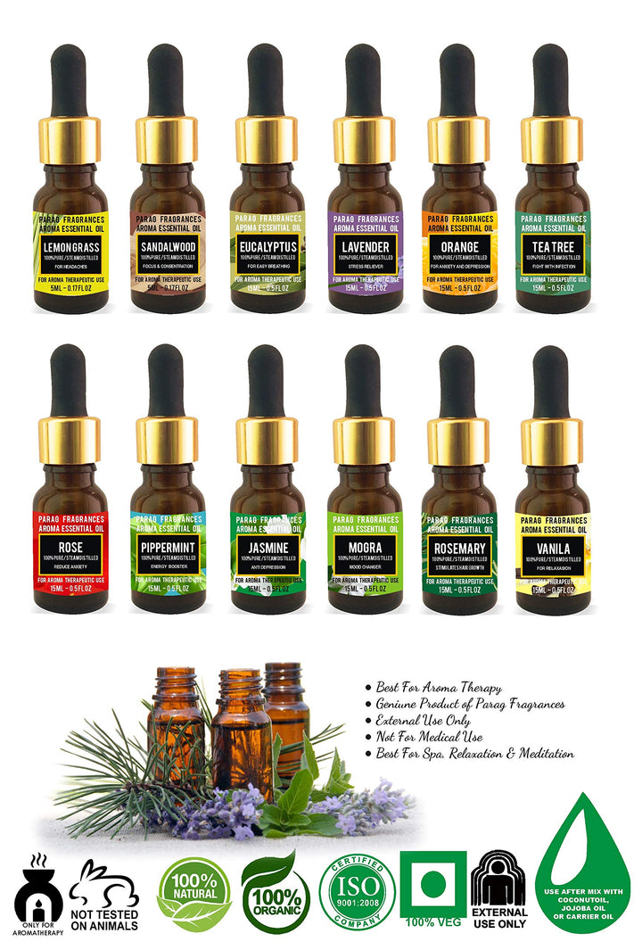 Parag Fragrances Flowers & Herbal Essential Oils 12 in 1 Pack of Lemongrass, Teatree, Lavender, Lotus, Saffron, Rajnigandha, Rosemary, Champa, Kewda, Night Queen, Jasmine & Rose