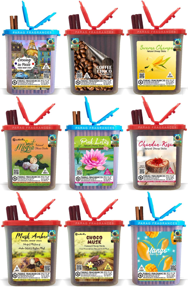 Parag Fragrances Herbal & Natural 5 in 1 Dhoop Sticks 250Gm Pack/Rose, Sandalwood, Mogra, Camphor & Kasturi / 50Gram Each/Economical Monthly Pack Dhoop Sticks for Puja & Home Fragrance
