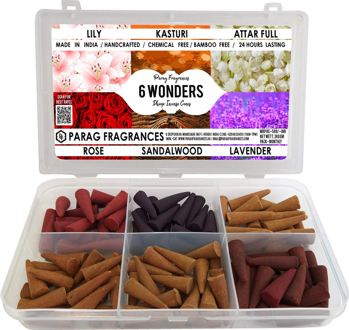 Parag Fragrances 6 Wonders Premium Dhoop Cones (6 in 1) Rose/Lily/Lavender/Sandalwood/Kasturi/Attarfull (No Charcoal, No Bamboo, Hand Crafted, Long Lasting Dhoop Sticks)