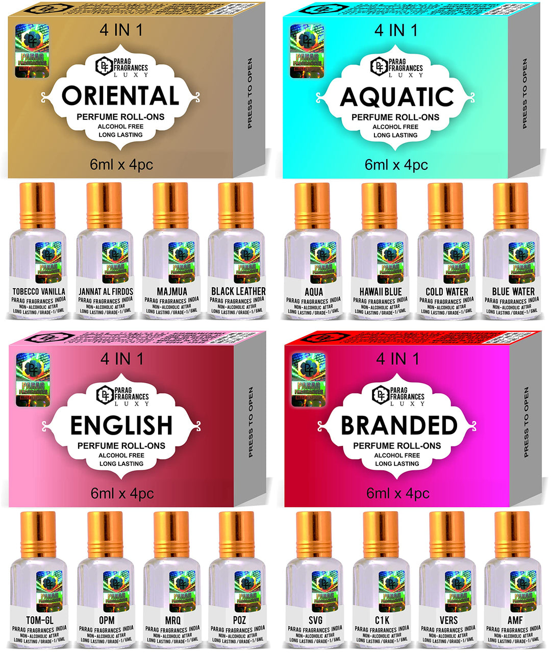 Parag Fragrances Flower Attar 4 In 1 Combo (Gulab, Rajnigandha, Chemeli & Ruh Mogra) Real, Natural & Alcohol Free Grade 1 Attar/Long Lasting Liquid Perfume For Unisex, 6ml - Rose