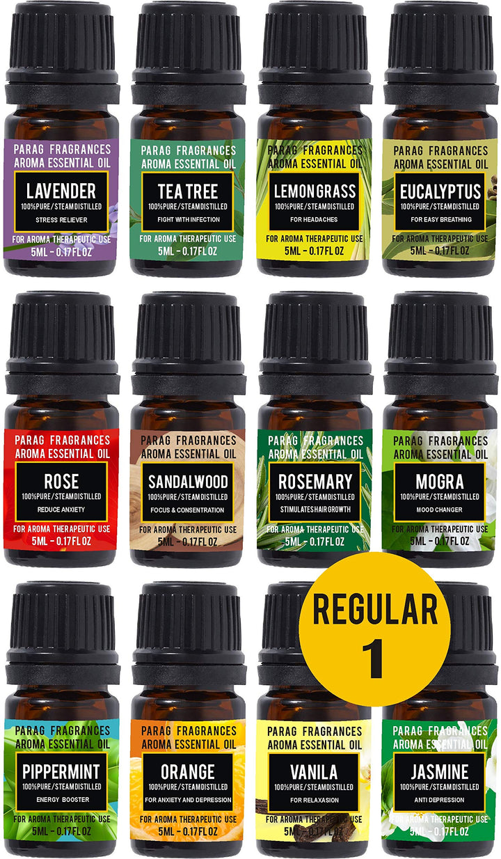 Parag Fragrances Flowers & Herbal Essential Oils 12 in 1 Pack of Lemongrass, Teatree, Lavender, Lotus, Saffron, Rajnigandha, Rosemary, Champa, Kewda, Night Queen, Jasmine & Rose