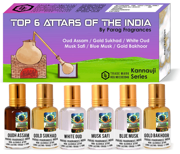 Parag Fragrances Top Attars Collection of India/Alcohol Free Attar Gift Pack (Top 6 Attars of India)