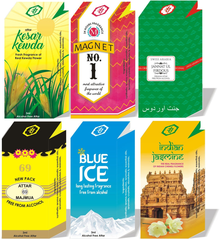 Parag Fragrances 4 ml 6 pc Combo Of Jannat al Firdaus, Jasmine, Majmua, Blue Ice, Ruh Kewda & Magnet No 1 Premium Quality Attar Alchol Free And Long Lasting For Men And Women.