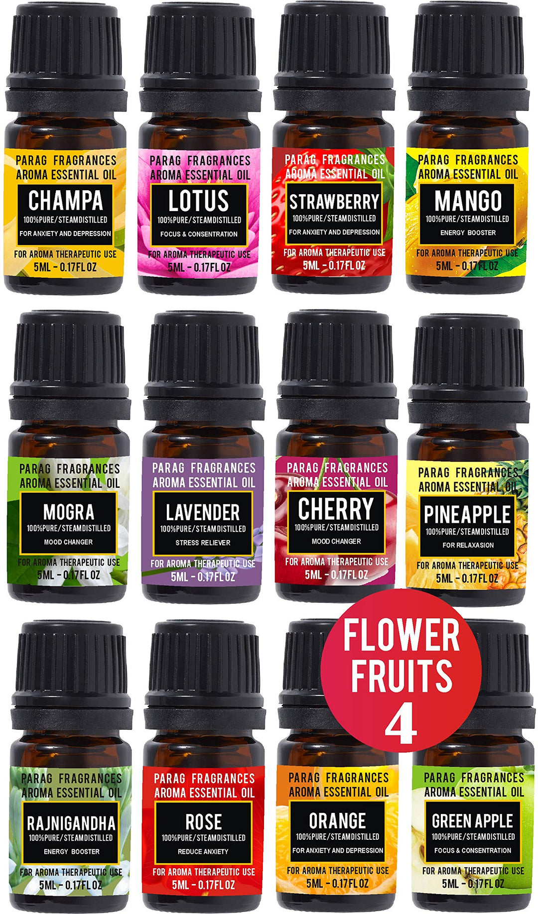 Parag Fragrances F&F (Flowers & Fruits) Essential Oils 12 in 1 Pack of Strawberry, Mango, Orange, Green Apple, Pineapple, Cherry, Rose, Mogra, Lavender, Champa, Rajnigandha & Lotus