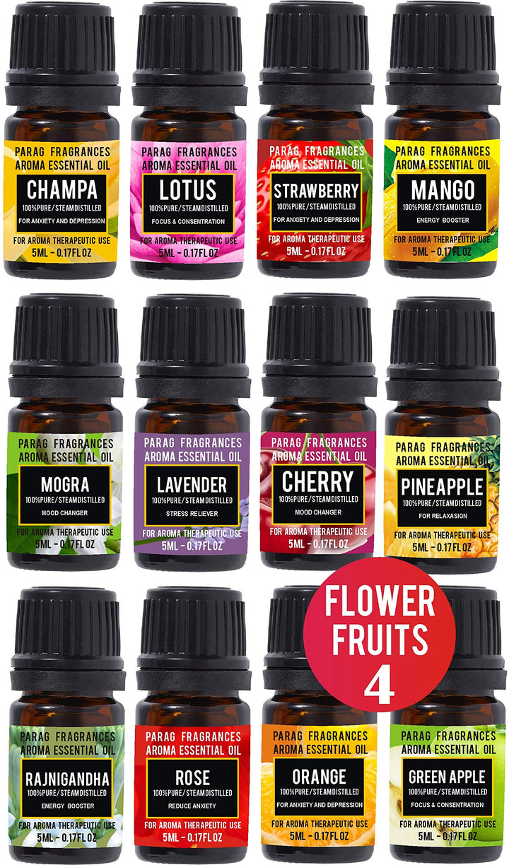 Parag Fragrances F&F (Flowers & Fruits) Essential Oils 12 in 1 Pack of Strawberry, Mango, Orange, Green Apple, Pineapple, Cherry, Rose, Mogra, Lavender, Champa, Rajnigandha & Lotus