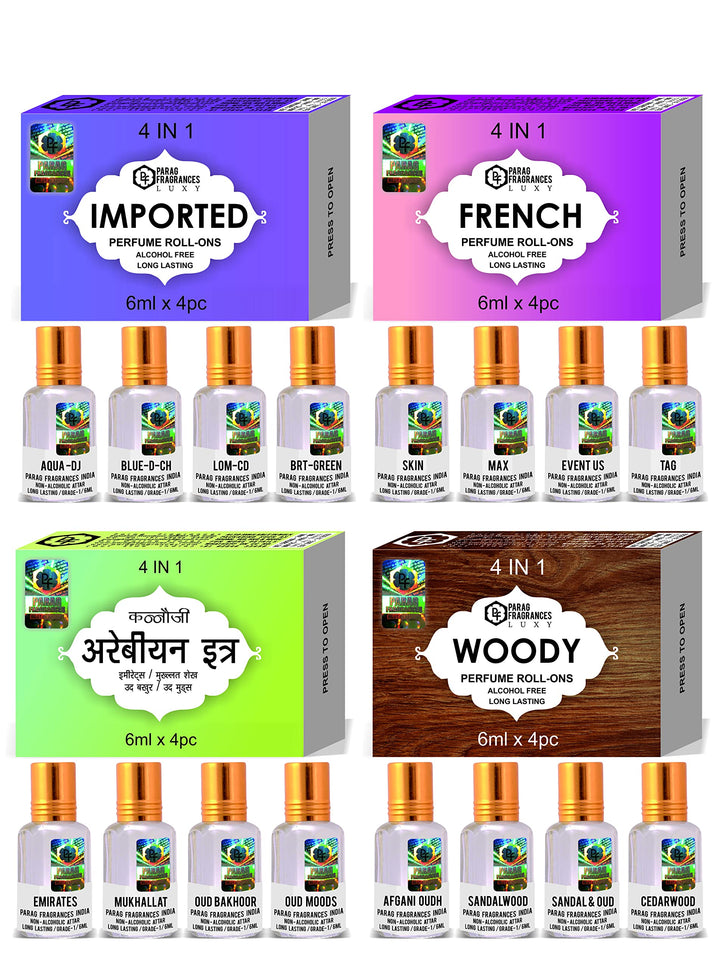 Parag Fragrances Flower Attar 4 In 1 Combo (Gulab, Rajnigandha, Chemeli & Ruh Mogra) Real, Natural & Alcohol Free Grade 1 Attar/Long Lasting Liquid Perfume For Unisex, 6ml - Rose