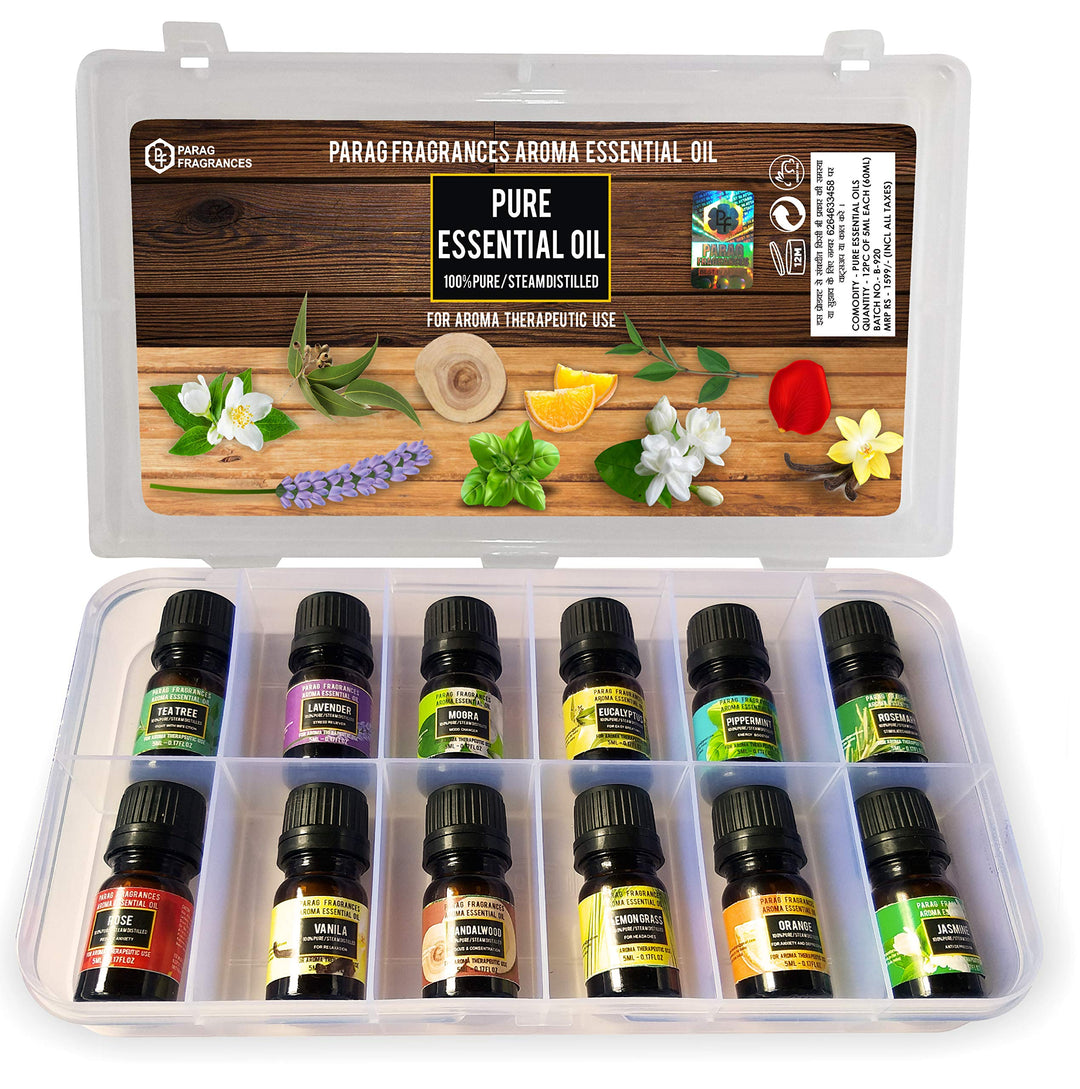 Parag Fragrances F&F (Flowers & Fruits) Essential Oils 12 in 1 Pack of Strawberry, Mango, Orange, Green Apple, Pineapple, Cherry, Rose, Mogra, Lavender, Champa, Rajnigandha & Lotus
