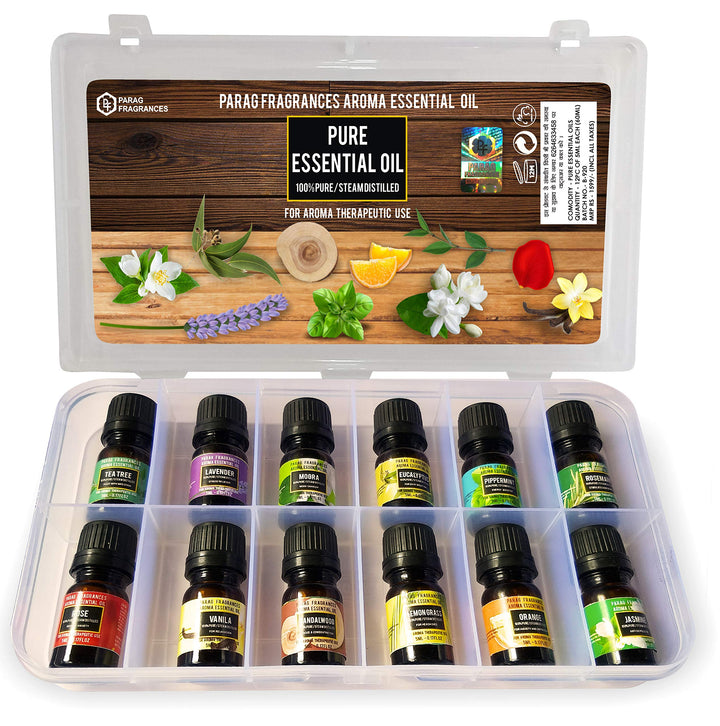 Parag Fragrances F&F (Flowers & Fruits) Essential Oils 12 in 1 Pack of Strawberry, Mango, Orange, Green Apple, Pineapple, Cherry, Rose, Mogra, Lavender, Champa, Rajnigandha & Lotus