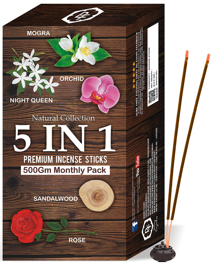 Parag Fragrances 5 in 1 Natural (आधा किलो) (Pack of 5 x 100gm) Incense Sticks/Agarbatti (Sandalwood, Rose, Mogra, Night Queen & Orchid) Incense Sticks for Worship & Fragrance/Wholesale Monthly Pack