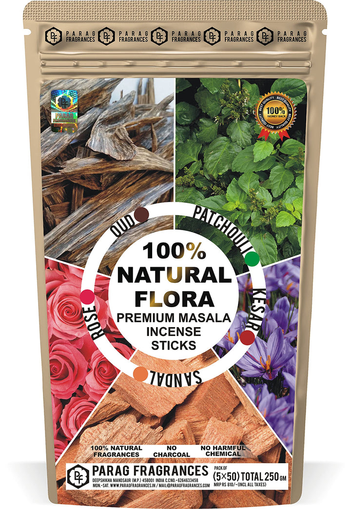 Parag Fragrances Natural Flora 5 in 1 Incense Sticks/Agarbatti for Pooja / प्रीमियम मसाला अगरबत्ती (Pack of 5 x 50) Rose, Sandalwood, Oud, Patchouli & Saffron गुलाब, चंदन, ऊद,