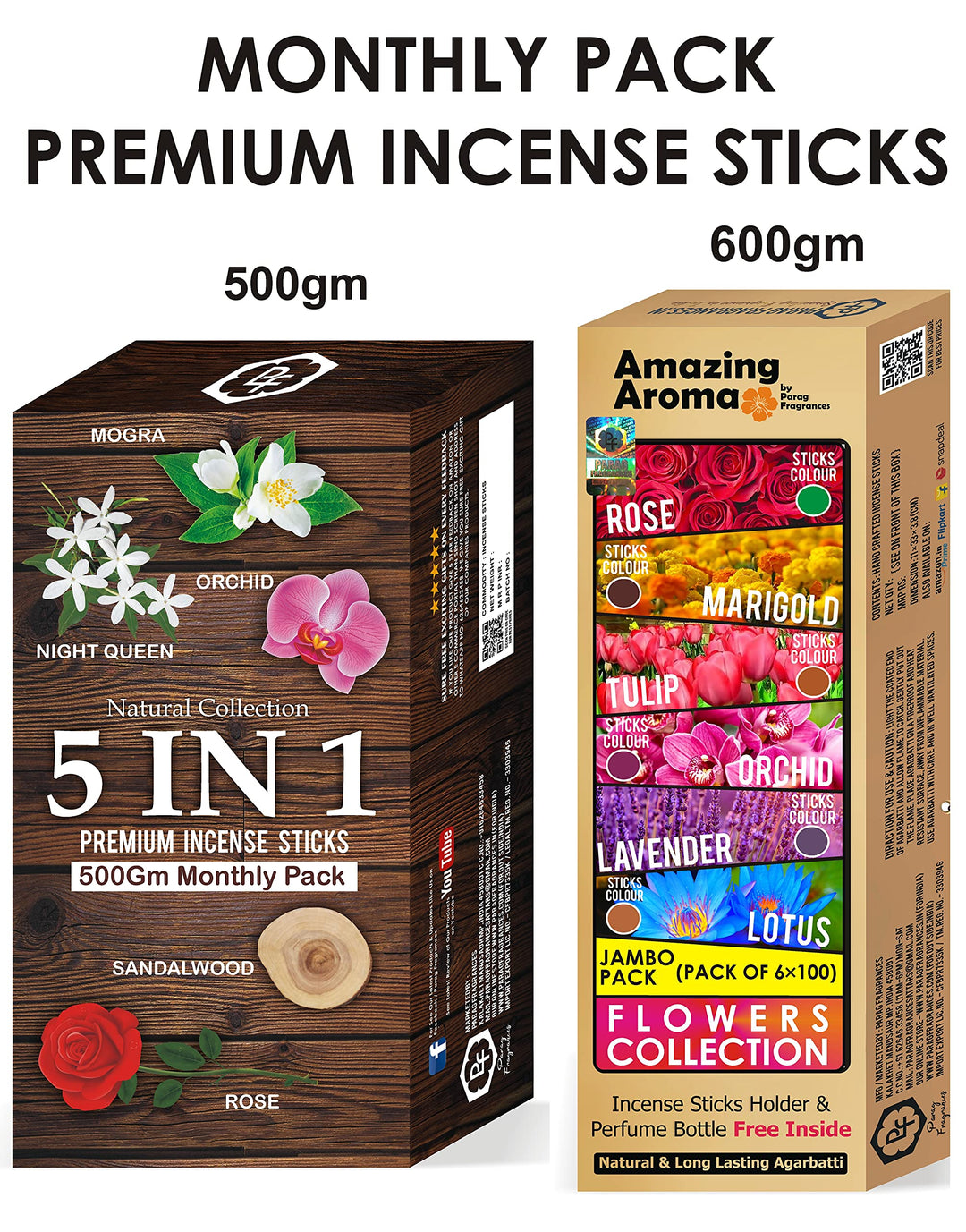 Parag Fragrances 5 in 1 Natural (आधा किलो) (Pack of 5 x 100gm) Incense Sticks/Agarbatti (Sandalwood, Rose, Mogra, Night Queen & Orchid) Incense Sticks for Worship & Fragrance/Wholesale Monthly Pack