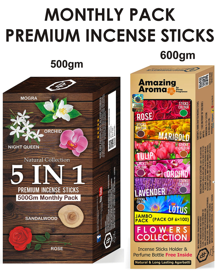 Parag Fragrances 5 in 1 Natural (आधा किलो) (Pack of 5 x 100gm) Incense Sticks/Agarbatti (Sandalwood, Rose, Mogra, Night Queen & Orchid) Incense Sticks for Worship & Fragrance/Wholesale Monthly Pack