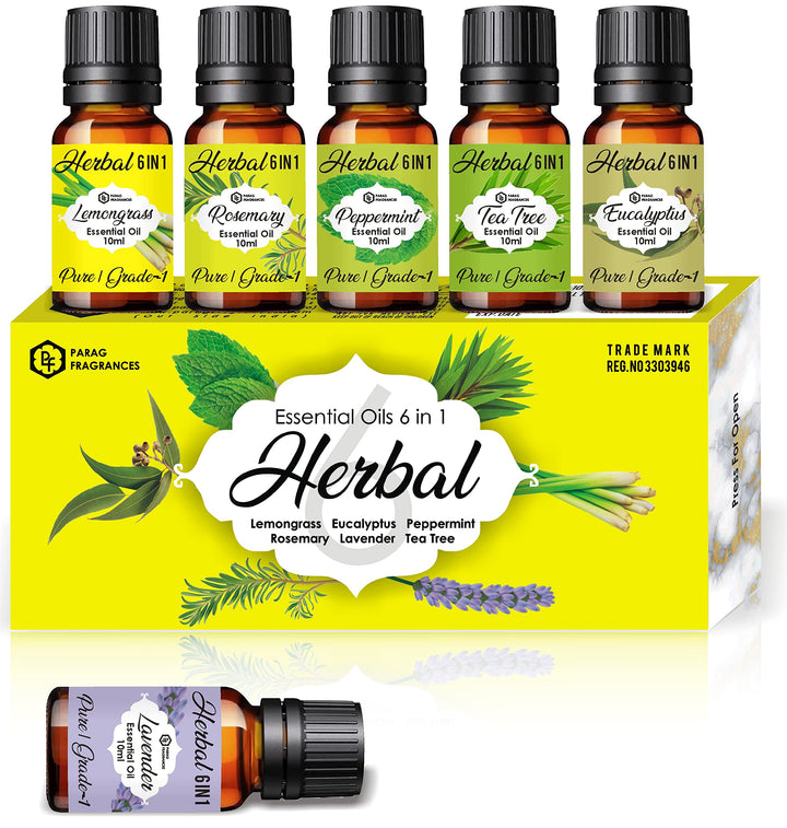 Parag Fragrances Herbal 6IN1 Essential Set of Peppermint, Tea Tree, Eucalyptus, Lemongrass, Rosemary & Lavender