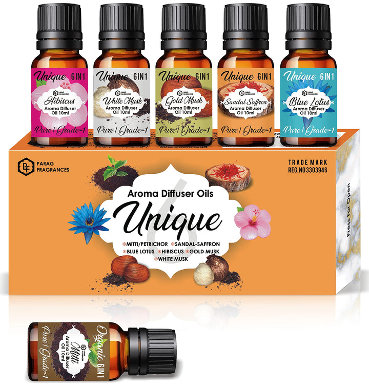 Parag Fragrances Unique Aroma Diffuser/Essential Oils 6in1 of (Mitti, Sandal-Saffron, Blue Kamal, Hibiscus, Gold Musk & White Musk) Essential oils