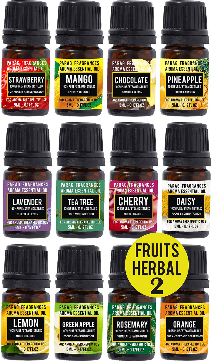 Parag Fragrances Flowers & Herbal Essential Oils 12 in 1 Pack of Lemongrass, Teatree, Lavender, Lotus, Saffron, Rajnigandha, Rosemary, Champa, Kewda, Night Queen, Jasmine & Rose