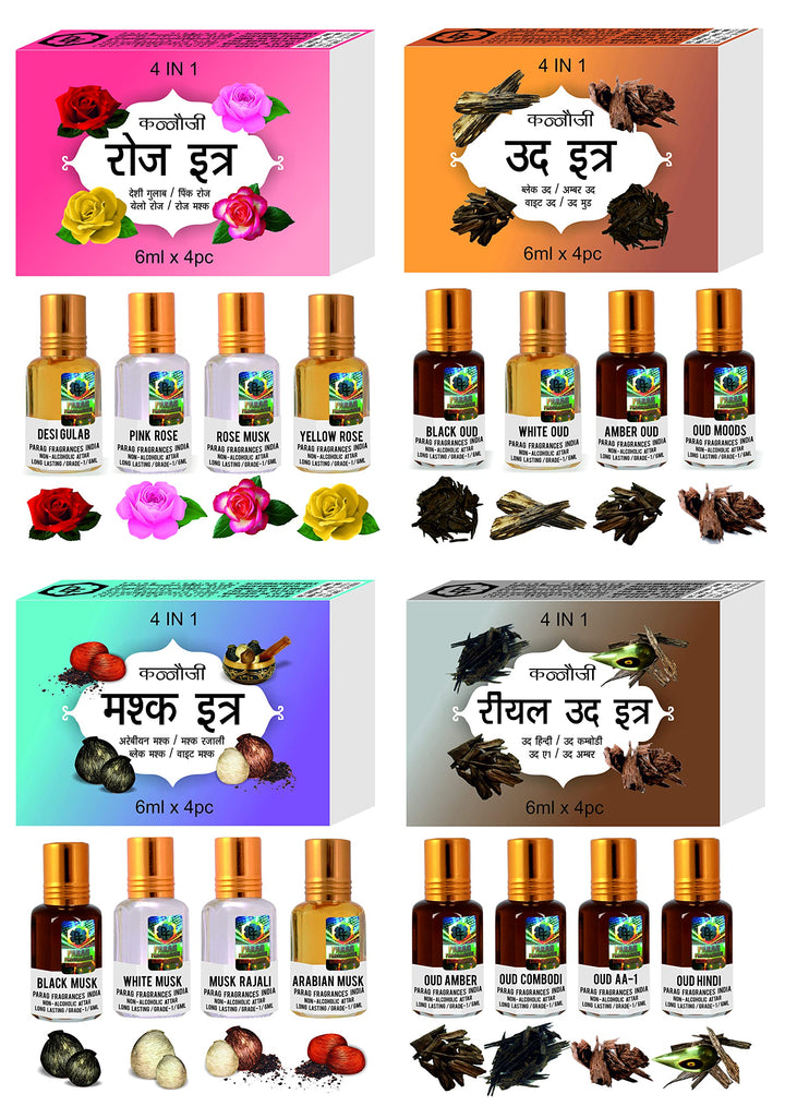 Parag Fragrances Flower Attar 4 In 1 Combo (Gulab, Rajnigandha, Chemeli & Ruh Mogra) Real, Natural & Alcohol Free Grade 1 Attar/Long Lasting Liquid Perfume For Unisex, 6ml - Rose