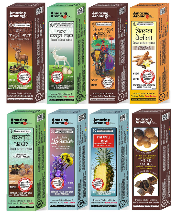 Parag Fragrances 5 in 1 Natural (आधा किलो) (Pack of 5 x 100gm) Incense Sticks/Agarbatti (Sandalwood, Rose, Mogra, Night Queen & Orchid) Incense Sticks for Worship & Fragrance/Wholesale Monthly Pack
