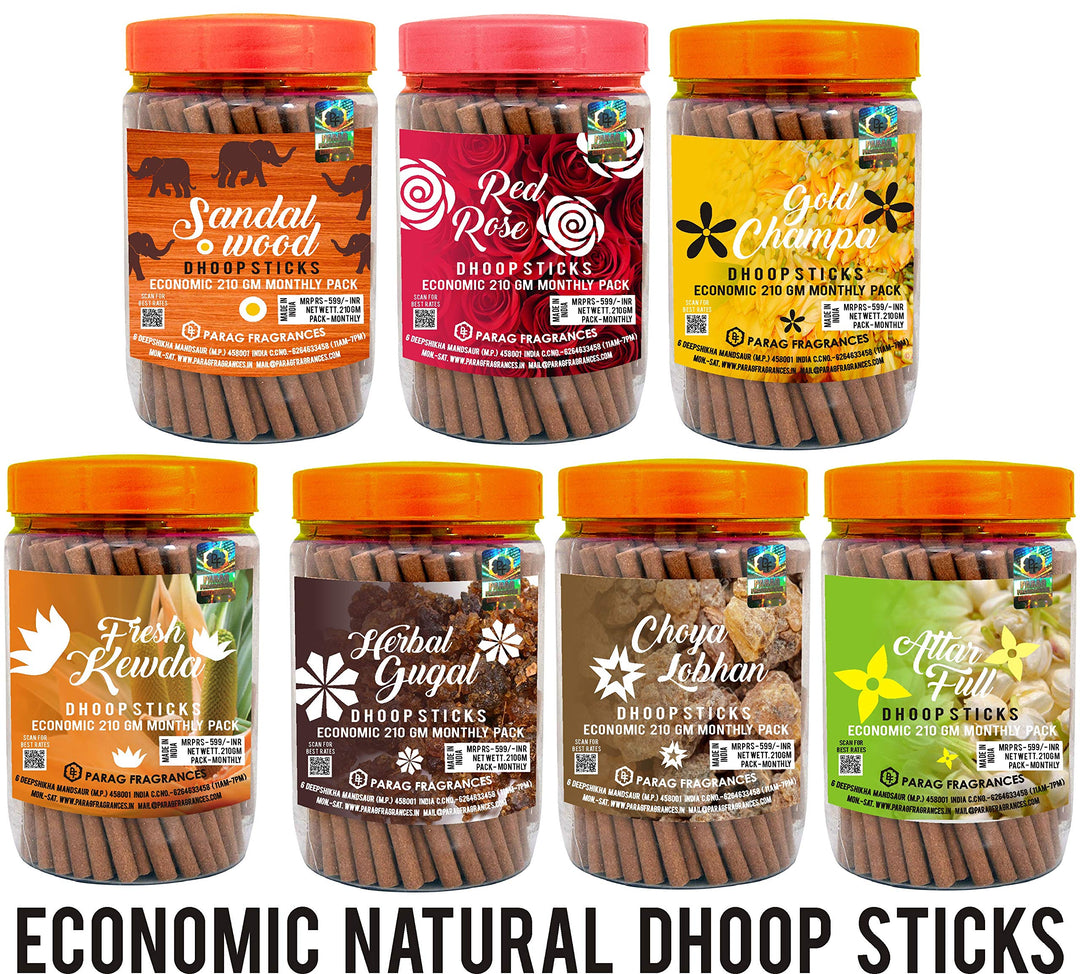 Parag fragrances Hand Crafted, Long Lasting Sandalwood Natural Essential oils and Herbs Dhoop Sticks Jar for Prayer (Without Charcoal and Bamboo) 200gm Pack
