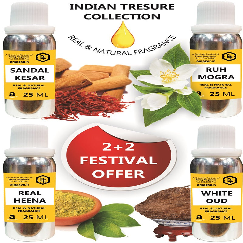 INDIAN TRESURE COLLECTION SABDAL KESAR , RUH MOGRA , REAL HEENA , AND WHITE OUD 25 ML EACH