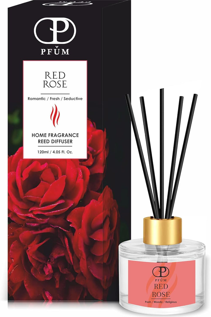 PFUM Red Rose Reed Diffuser Set for Home Fragrance | 120ml with 6 Sticks | Luxury Fragrance Reed Diffuser for Home, Office, Spa, Restaurants & Showrooms