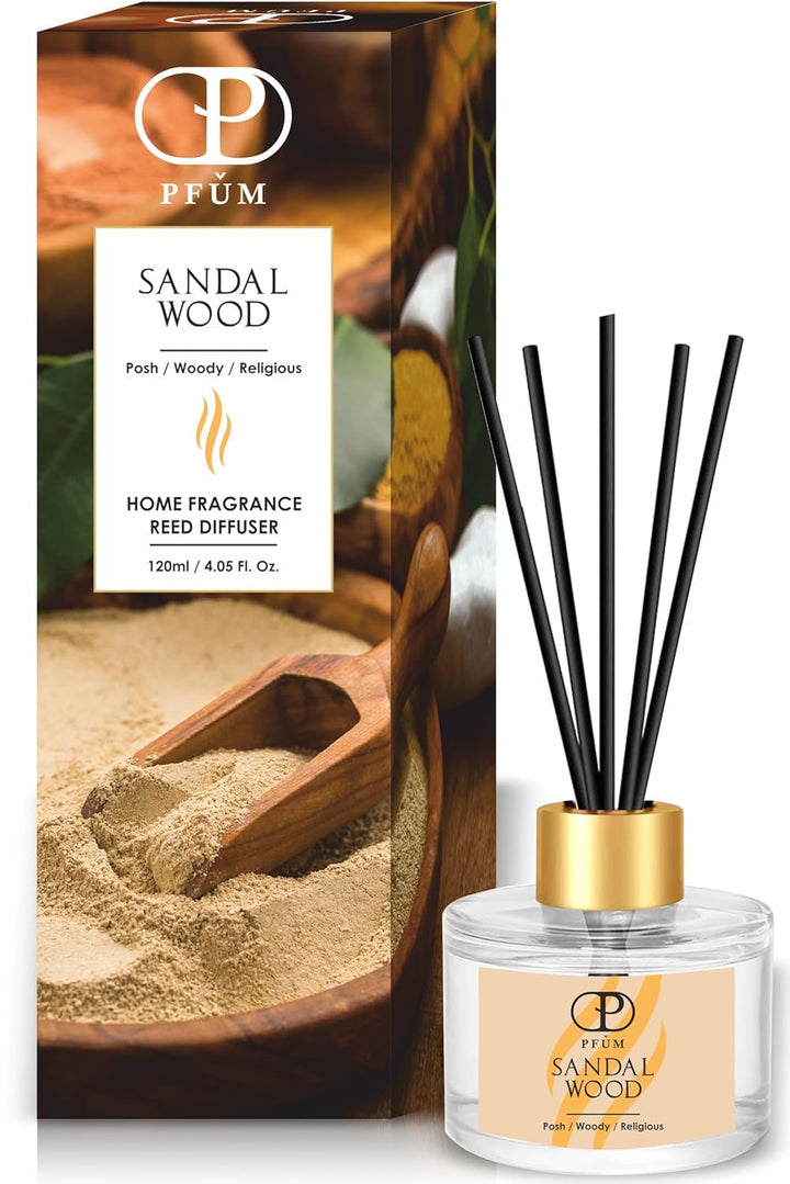 PFUM Sandalwood Reed Diffuser Set for Home Fragrance | 120ml with 6 Sticks | Luxury Fragrance Reed Diffuser for Home, Office, Spa, Restaurants & Showrooms