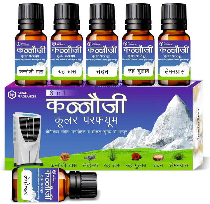 Parag Fragrances Kannauji Cooler Perfume 6 in 1 Combo Offer Pack of (Kannauji Khus, Ruh Khus, Ruh Gulab, Chandan, Lavender & Lemongrass) Cooler Scent/Perfume For Home Fragrance (6pc x 10ml = 60ml)